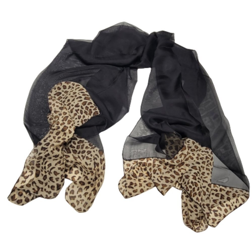 Black Sheer Scarf with Animal Print Motif- NEW